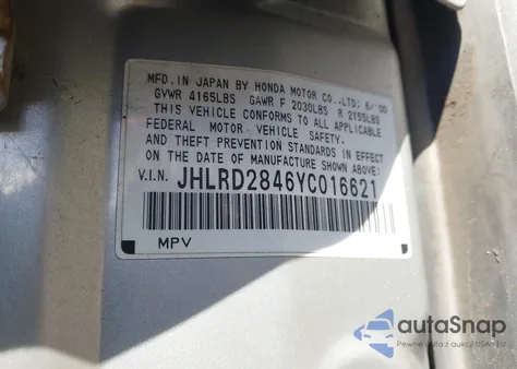 2000 Honda Cr-V Lx z USA, uszkodzony, nr VIN JHLRD2846YC016621